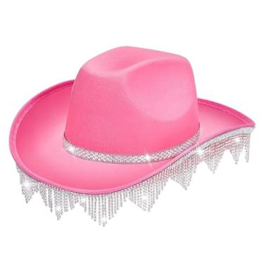 Imagem de rockible Chapéu de cowboy com borlas ocidentais, chapéu de jazz, feminino, masculino, primavera, versátil, proteção solar, chapéu de cowgirl para adereços, ROSA
