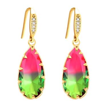 Imagem de Mayfaith Brincos de turmalina de imitação de gota folheados a ouro brilhante e deslumbrante para mulheres com orelhas sensíveis, requintados e encantadores brincos de cristal multicoloridos para