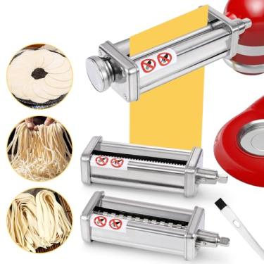 Imagem de Rutoab 3 peças de acessórios para fazer massa para batedeiras KitchenAid, incluindo rolo de macarrão, cortador de fettuccine e cortador de espaguete, acessórios duráveis de macarrão de aço inoxidável