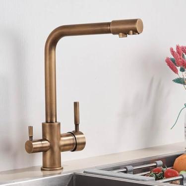 Imagem de Torneira de cozinha com 3 vias, furo único, 2 alças, misturador de água quente e fria, filtro de água pura, latão antigo