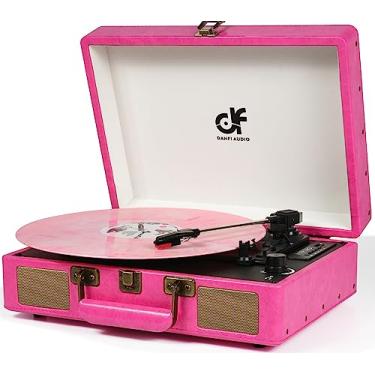 Imagem de Toca-discos vintage Bluetooth com alto-falantes embutidos, toca-discos portátil de 3 velocidades com gravador de áudio de vinil USB RCA e entrada de fone de ouvido (rosa)