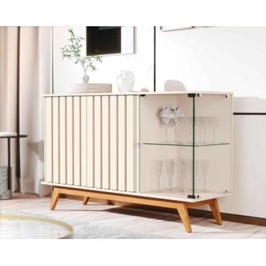 Imagem de Aparador Buffet Ripado Sala Açaí 3 Portas com Pés de Madeira com Vidro