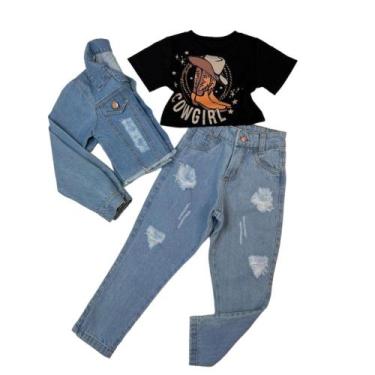 Imagem de Roupa Para Meninas Moda Infantil Cropped Jaqueta E Calça Jeans 3 Peças