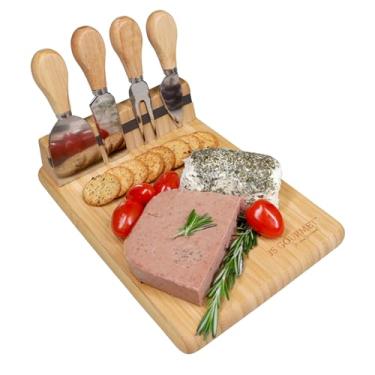 Imagem de JS Gourmet Tábua de charcutaria de bambu com 4 ferramentas de queijo e suporte magnético, eleve sua apresentação com o conjunto de tábua de queijo, perfeito para queijo, carne, frutas e biscoitos