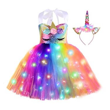 Imagem de Fantasia de unicórnio de LED Princesa Tutu Aniversário Natal Decoração de festa de Halloween para meninas Roupas infantis Vestido de luz 5 6 anos Presentes com faixa de cabeça 5t - Arco-íris 6t