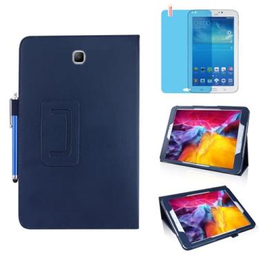 Imagem de MEIYOUQI Capa de Couro Fina para Samsung Galaxy Tab 3 7.0 Polegadas 2013 (SM-T210; SM-T215; SM-P3200), Suporte de Vários Ângulos, Capa Protetora Completa com Caneta Stylus, Filme de Tela Azul