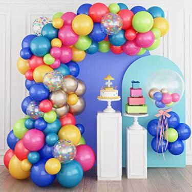 Imagem de Kit de arco de guirlanda de balão colorido, balões sortidos, balões multicoloridos, confetes, látex, rosa, pavão, azul real, vermelho, verde, amarelo, champanhe, festa, carnaval, circo, festa
