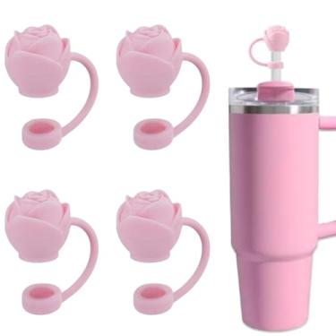 Imagem de Amreich 4 peças de tampa de palha de silicone rosa rosa para copo Stanley, topo de palha de 10 mm de 10 mm capas de palha reutilizáveis à prova de poeira, capas de ponta de palha de flor presente para