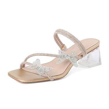 Imagem de Joseywade Sandálias de salto alto strass borboleta salto mules bico aberto transparente bloco baixo salto grosso 5 cm tira no tornozelo sapatos, Ouro metálico, 39