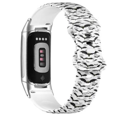 Imagem de Pulseira de silicone macio compatível com Fitbit Charge 5/Fitbit Charge 6 (morcegos assustadores) pulseira esportiva macia para mulheres e homens