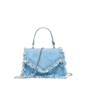 Imagem de QWINEE Bolsa feminina transversal com franja bolsa quadrada jeans bolsas bolsas com alça de corrente, Azul, One Size