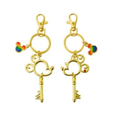 Imagem de Jogo 2 Chaveiros Dourados Mickey Minnie Formato Chave Arco-Íris 7.5cm 