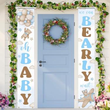 Imagem de Decoração de festa de chá de bebê urso We Can Bearly Wait Letreiro de varanda banner revelador de gênero sinal de varanda para festa de bebê de boas-vindas gênero neutro urso foto adereços suprimentos