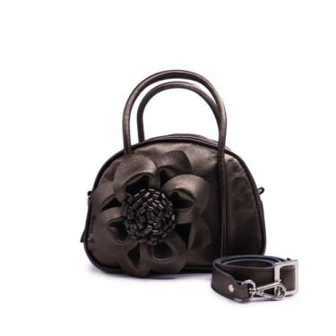 Imagem de Bolsa feminina de couro média flor metalizado ônix Liz - Zaia