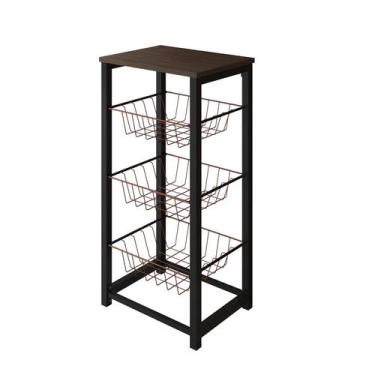 Imagem de Fruteira de Chão Cozinha Desmontada Aço Preto Cesto Cobre Tampo Amendo