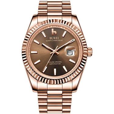 Imagem de BUREI Relógios masculinos luxuosos de aço inoxidável, analógicos, modernos, à prova d'água, presentes para homens, Marrom - Pulseira de ouro rosa, 41 mm, Movimento de quartzo