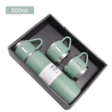 Imagem de Kit Garrafa Térmica Vacuum 500ml Com 3 Xícaras - Flask, Verde