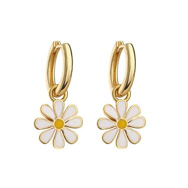 Imagem de Brincos de argola pequena com pingente de margarida para mulheres, adolescentes, cartilagem, hipoalergênica, sem níquel, delicada, fofa banhada a ouro 14 quilates, flores da sorte, pingente curto, com dobradiças, argolas de pressão, Metal, Sem pedra preciosa