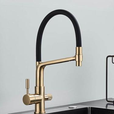Imagem de Torneira de pia de cozinha dourada escovada, misturador de filtro de água pura, guindaste com alça dupla, puxador para baixo, purificação de água quente e fria, dourada
