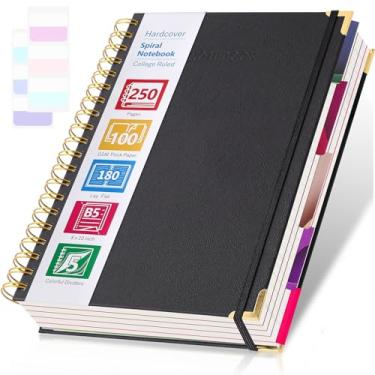 Imagem de Caderno espiral, pautado para faculdade, caderno de 5 assuntos com divisórias, cadernos de capa dura para trabalho, escola, anotações, caderno de couro de 250 páginas para mulheres e homens, caderno