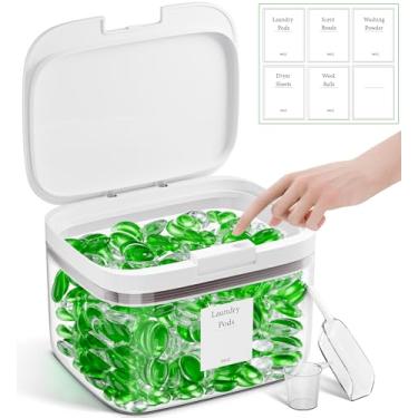 Imagem de Hordely Recipiente para cápsulas de lavanderia de 2,664 g, recipiente transparente para lava-louças, organizador de lavanderia para folhas de secadora/pó com colher e etiquetas, plástico