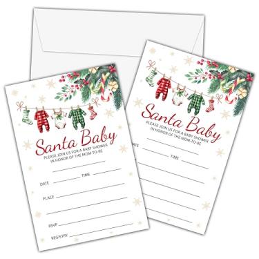 Imagem de Roupas de Natal Convites de Chá de Bebê com Envelopes - Cartão de Convite do País das Maravilhas de Inverno para Meninos e Meninas - Cartões de Convites de Enchimento de Chá de Bebê de Papai Noel -