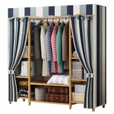 Imagem de Guarda-roupa Novo armário de guarda-roupa duplo reforçado engrossado madeira maciça pendurado guarda-roupa borla listra azul oxford pano tecido armário armário