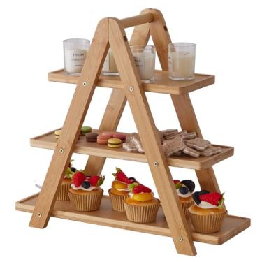 Imagem de Bandeja de servir de 3 camadas, suporte de cupcake, bandeja decorativa de festa com 3 travessas de bambu para apresentação de sobremesas de frutas (natural)