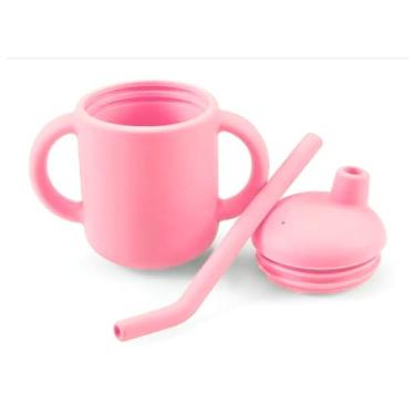 Imagem de Copo De Treinamento De Silicone Infantil Com Alça E Canudo Bebê Introdução Alimentar 6m Refeição Alimentação P/Transições (Rosa)
