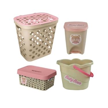 Imagem de Kit 4 Pçs Cesto Bebê Roupa Lixeira Balde Caixa Organizadora (rosa)