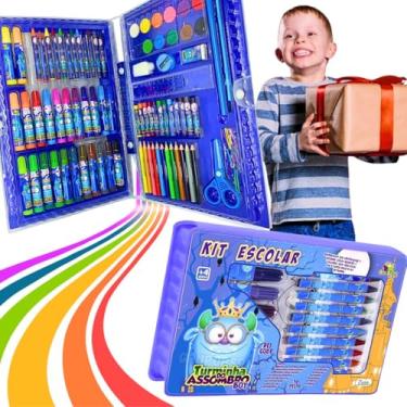 Imagem de Kit escolar volta as aulas menino infantil papelaria material fofa maleta estojo fofa 94 peças azul lapis de colorir canetinhas regua borracha apontador pincel criança 5 anos (Azul)