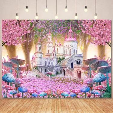 Imagem de Ayayiya Cenário de castelo de princesa, decoração de aniversário de conto de fadas, rosa Sakura floral país das maravilhas floresta castelo fotografia fundo para mulheres festa de aniversário de
