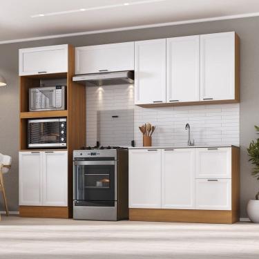 Imagem de Cozinha Compacta 4 Peças 2 Aéreos 1 Balcão 1 Paneleiro Torre Quente Soho Cabecasa Madeiramadeira Freijó/Branco