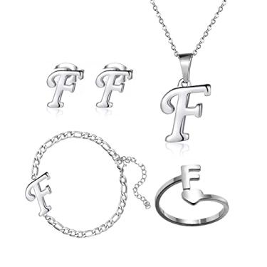 Imagem de Loqimu Pacote com 4 conjuntos de joias iniciais de aço inoxidável para mulheres, anéis de prata, pulseiras, brincos com pingente, colar, gargantilha maiúscula, corrente, brincos de orelha, presente,