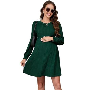 Imagem de Vestido de maternidade manga lanterna gola redonda evasê rodado vestido de malha casual solto inverno pulôver suéter vestido midi, Verde escuro, GG