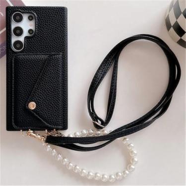 Imagem de Bolsa de couro para cartão para Samsung S23 S24 Plus Ultra S23FE Zflip 4 5 A35 A55 capa à prova de choque pulseira de pérola cordão, preto, para S22 Ultra
