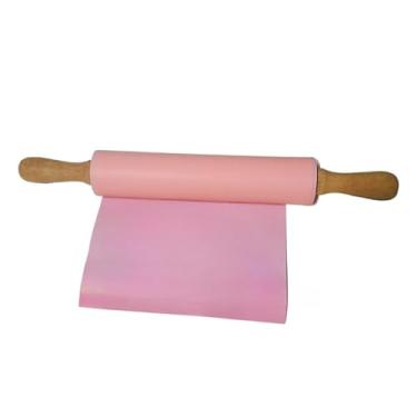 Imagem de Rolo De Massa De Silicone GiratóRio Rosa Antiaderente Para Massas De Pizza E PãEs(Rosa Cabo de Madeira)