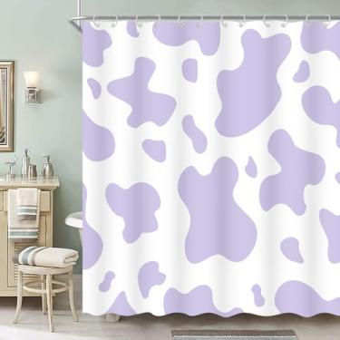 Imagem de DYNH Cortina de chuveiro com estampa de vaca roxa, estampa de vaca, pele de gado, abstrato, animais de fazenda, conjunto de cortina de chuveiro, acessórios para banheiro, 182 x 182 cm