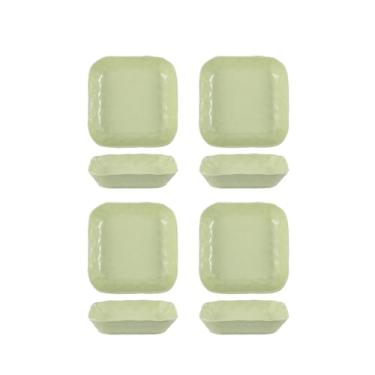Imagem de Conjunto de tigela e prato de cerâmica criativo e personalizado, tigelas e pratos domésticos simples - prato quadrado amassado à mão de 20 cm - verde creme - 4 pacotes