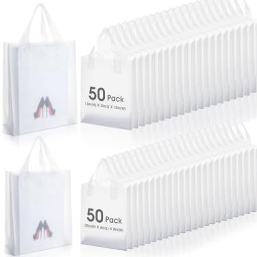 Imagem de Humyoun 100 peças de sacos de plástico fosco de 2,5 mm de espessura com alças, sacos de presente com fundo de papelão, sacolas de compras de plástico para pequenas empresas, 2 tamanhos (transparente)
