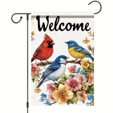Imagem de Starlit Patio Bandeira de jardim Welcome Bird 30,5 x 45,7 cm, dupla face, pássaros coloridos, floral, decoração de quintal, faixa sazonal, para primavera, verão, varanda, pátio, gramado, decoração de