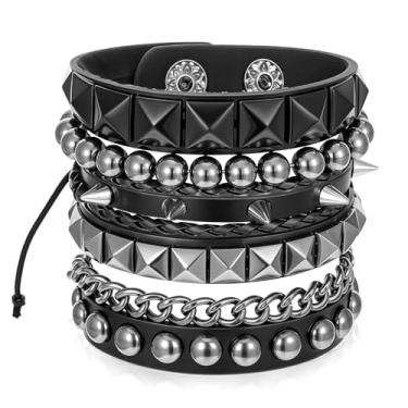 Imagem de Ptwola 4 pulseiras de couro punk rock cravejadas para homens e mulheres pulseira ajustável com botão de pressão corrente vintage para lembrancinhas de festa de Halloween acessórios