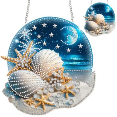 Imagem de Zariocy Kits de conchas de ornamentos de arte de diamante para pendurar para adultos – Pingente especial de cristal dupla face, paisagem marítima, pintura de diamante, placa acrílica, pingentes de