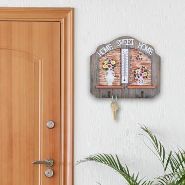 Imagem de ACCENT COLLECTION HZ Porta-chaves de madeira de fazenda com termômetro e 2 ganchos duplos, bege 25,4 cm cabides decorativos para chaves de entrada para casa, presentes de decoração
