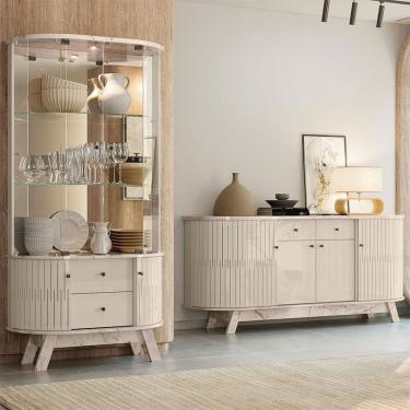 Imagem de Aparador para Sala Buffet Ambiente Mônaco e Cristaleira Moss Calacata Off White – Madetec