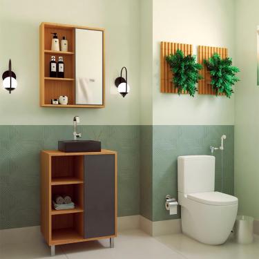 Imagem de Conjunto de Gabinete com Cuba Preta e Armário de Banheiro com Espelho Julia 2 pt Mel e Grafite