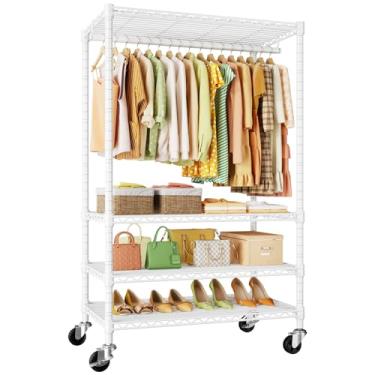 Imagem de ULIFHOME Suporte de roupas P9 resistente, suporte para pendurar roupas, rack de 4 camadas com rodas, suporte de armário portátil de metal, 90 cm C x 40 cm L x 204 cm A, carga máxima 201 kg, branco