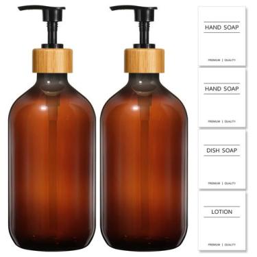 Imagem de Dispensador de sabão Kasunting Amber Plastic com bomba de bambu 500mL