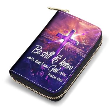 Imagem de FQTBCEARI Porta-cartão de crédito, carteira de couro RFID para mulheres, capa de cartão de visita de bolso com zíper, raposa, Citação cruzada, versículos bíblicos, salmo 46:10, Moda