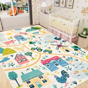 Imagem de Lacomfy Tapete para crianças, 1,5 x 2,3 m, animais de fazenda para quarto, sala de jogos, sala de aula, meninos e meninas, para veículos e brinquedos, decoração educativa interna, antiderrapante